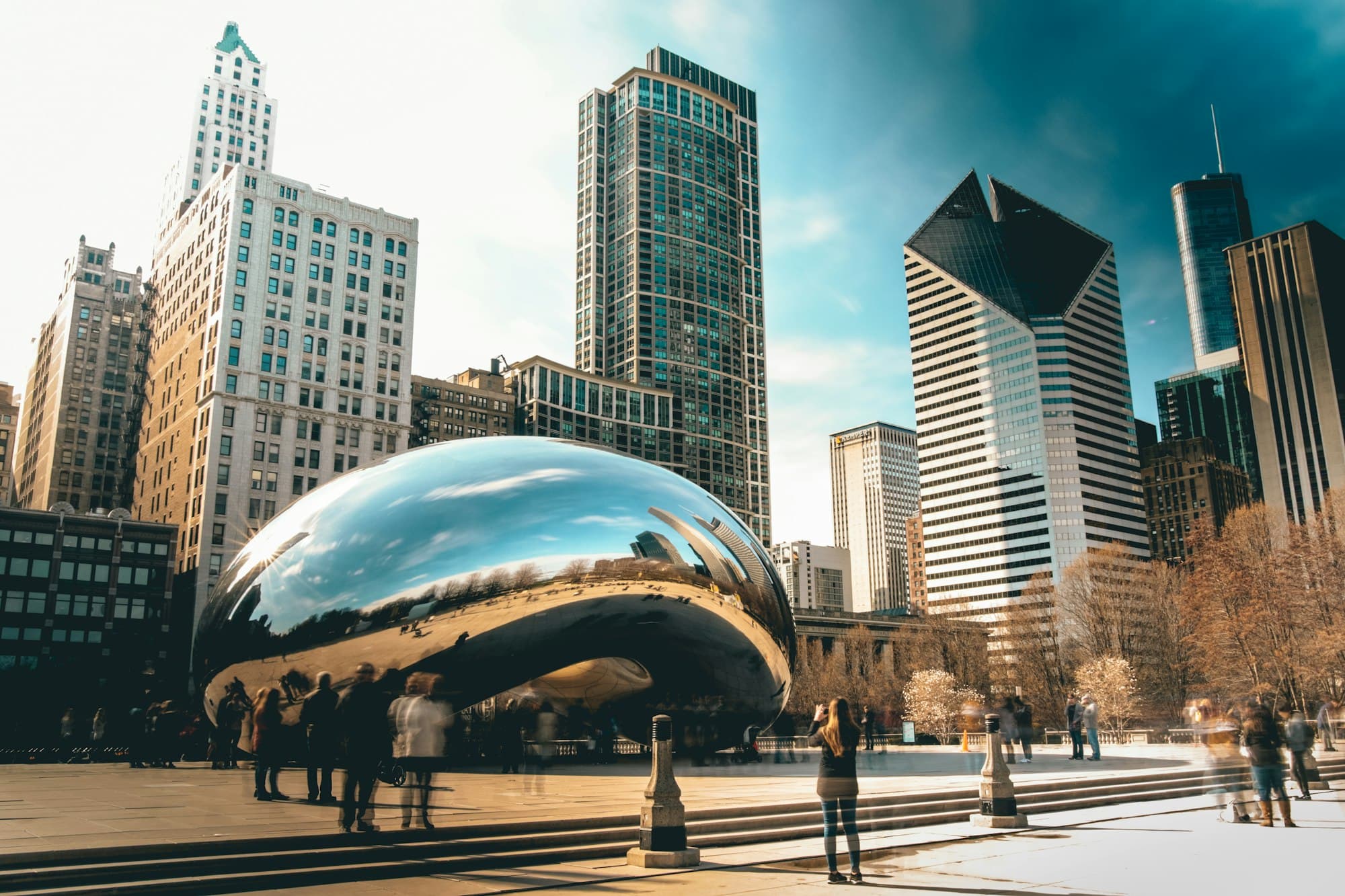 Chicago skyline reflected in the Bean (Cloud Gate) at Millennium Park