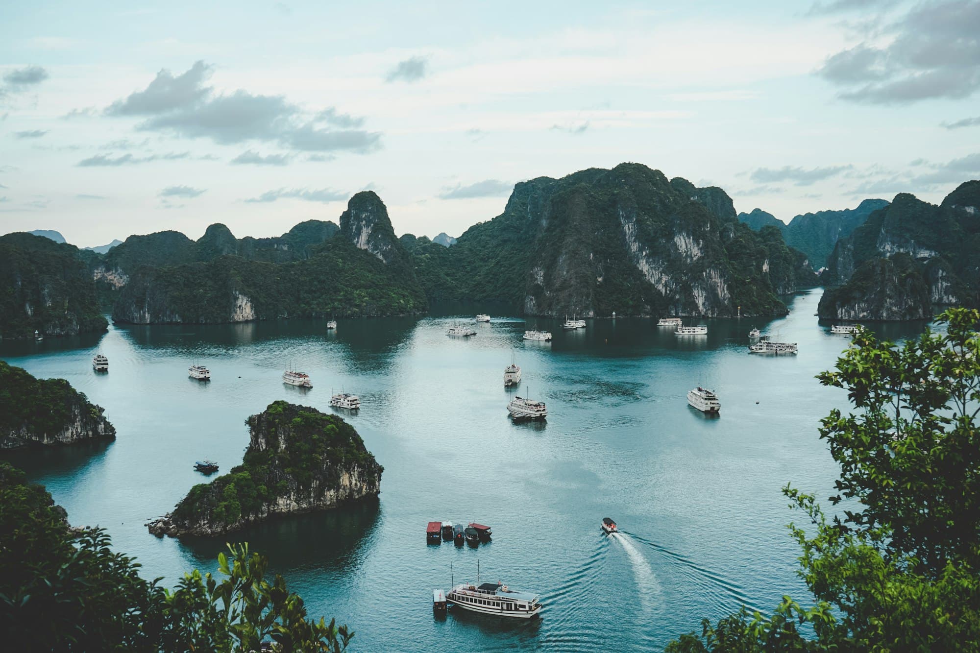Limestone karsts rising from the water in Ha Long Bay, Vietnam