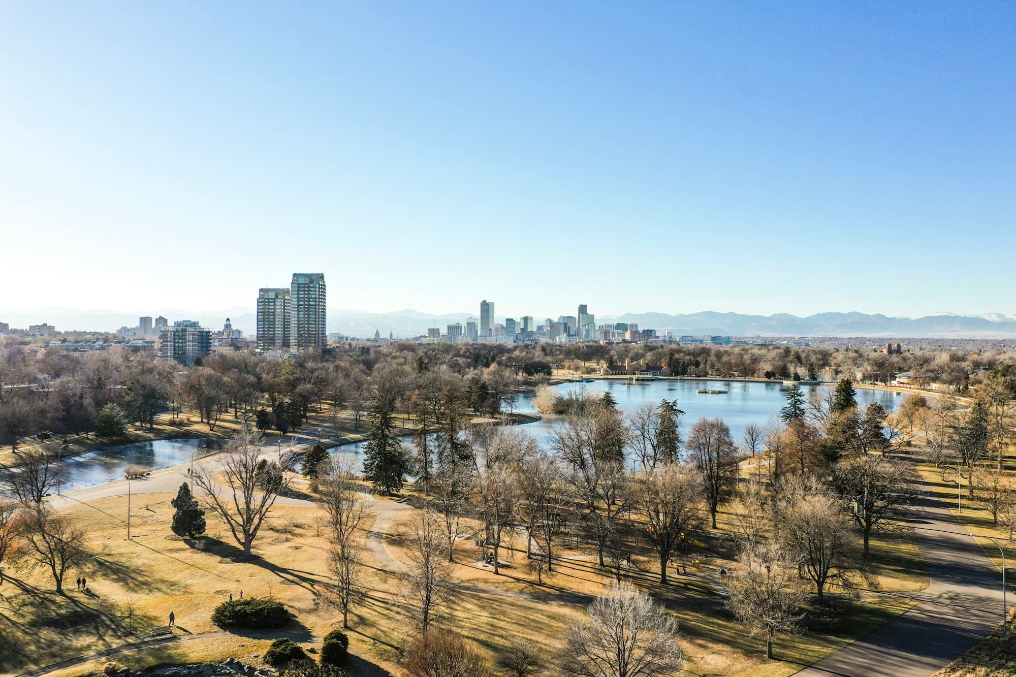 Denver city skyline with the Rocky Mountains behind